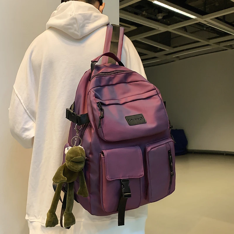 Fashion Women Green Backpack Reflective Nylon Waterproof Large Capacity Anti-Theft Purplle Backpack Unisex School Bag Female