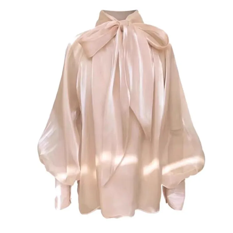 Elegant Lady See-Through Fashion Lantern Sleeve Blouse High Neck Loose Fit Women Party Shirt Tops s765