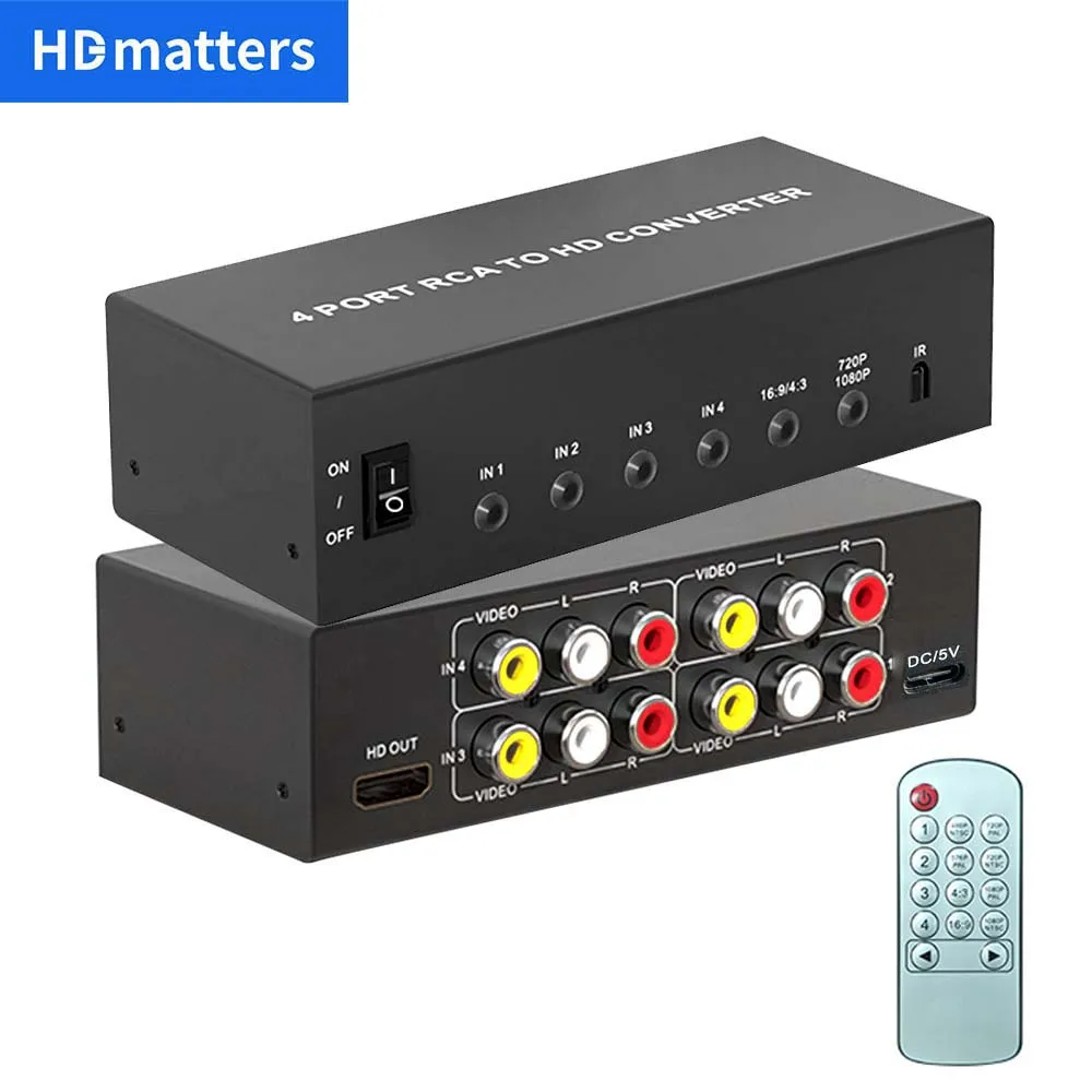 RCA to HDMI 1080P Converter Switch 4 in 1 out Composite AV to HDMI Scaler Switch Converter with Remote 3 RCA AV in HDMI out