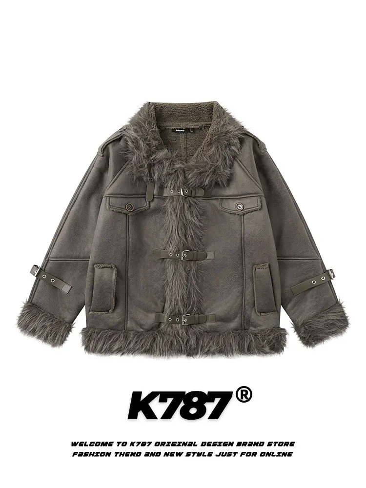 

K787 Men's Thickened Suede Jacket Coat with Cotton Sandwich And Fur Collar American Style Retro Casual Warm Zipper Closure