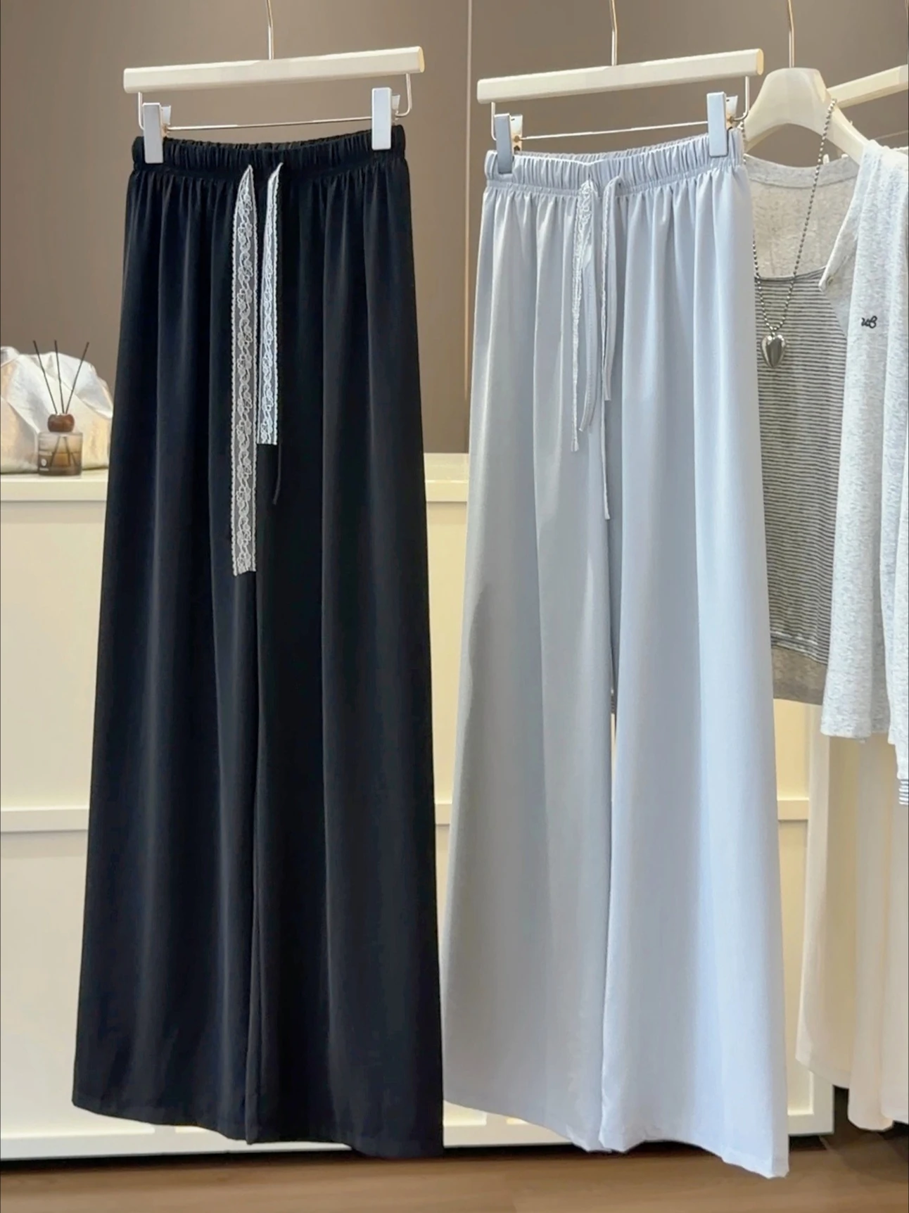 

Lace drawstring straight wide-leg pants women's summer lazy wind elastic waist drape loose casual thin milk skin trousers