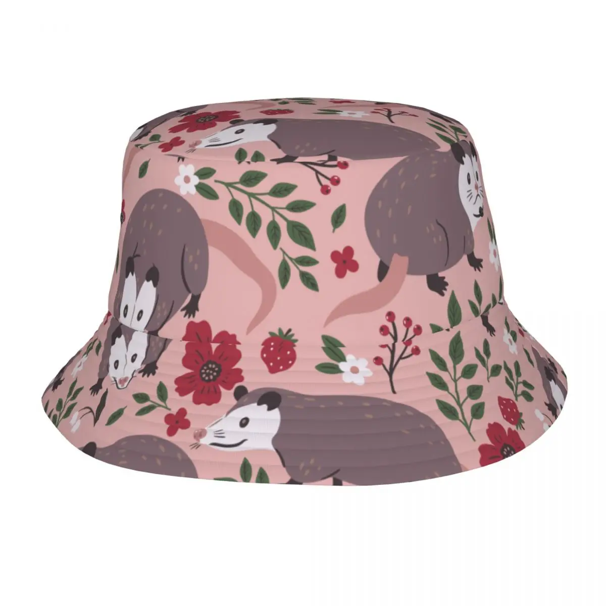 Cute Opossum Flowers Berries Bucket Hat Fisherman Foldable Women Men Sunscreen Shade Cap