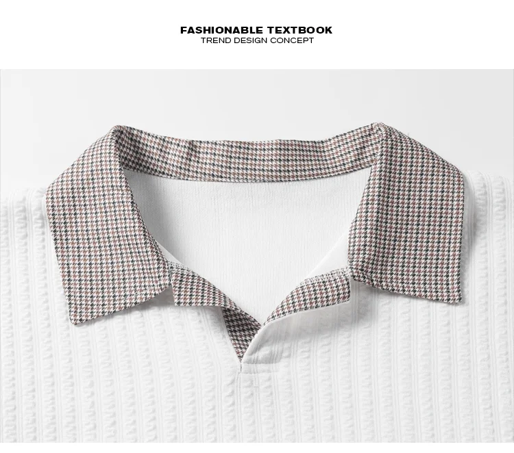 Herren-Polohemd mit Textur, langen Ärmeln, Kontrastkragen im Karomuster, lockere Passform, vertikale Streifen, Strickoberteil, lässiger Stil, Streetwear, für den täglichen Gebrauch. – Detail 7