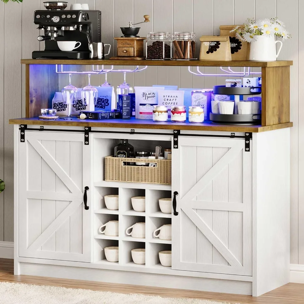 

4ever2buy Farmhouse Coffee Bar with LED Lights, 47 inch Coffee Bar Cabinet with Storage, Wine Bar Cabinet with Wine and Glass Ra