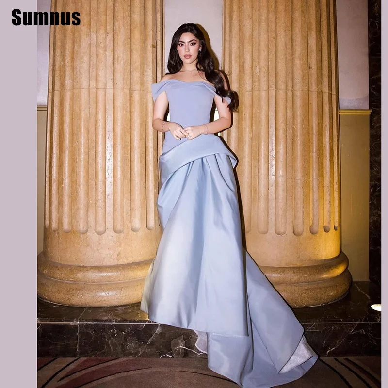 

Sumnus Elegant Dusty Blue Asymmetric Evening Dresses Off Shoulder 3D Pleats Maxi Formal Dresses فساتين سهرة Customized