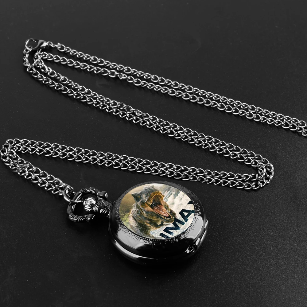Dinosaur Glass Dome Quartz Pocket Watch With Durable Chain Arabic Numeral Dial Halloween Gifts for Men Women Kids