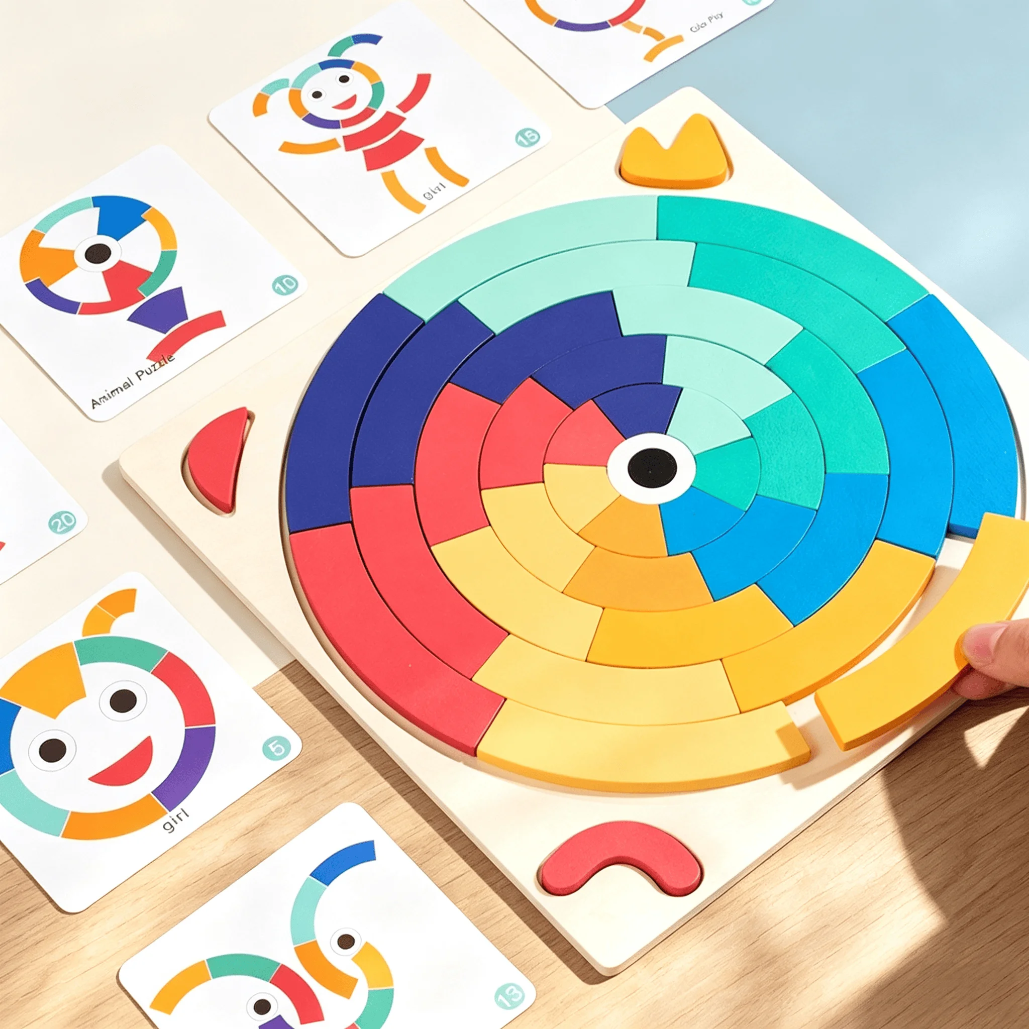 Rainbow Gradient Color Cognitive Children's Montessori Fan Shaped Puzzle Logic Thinking Training Wooden Puzzle Toy 3+y