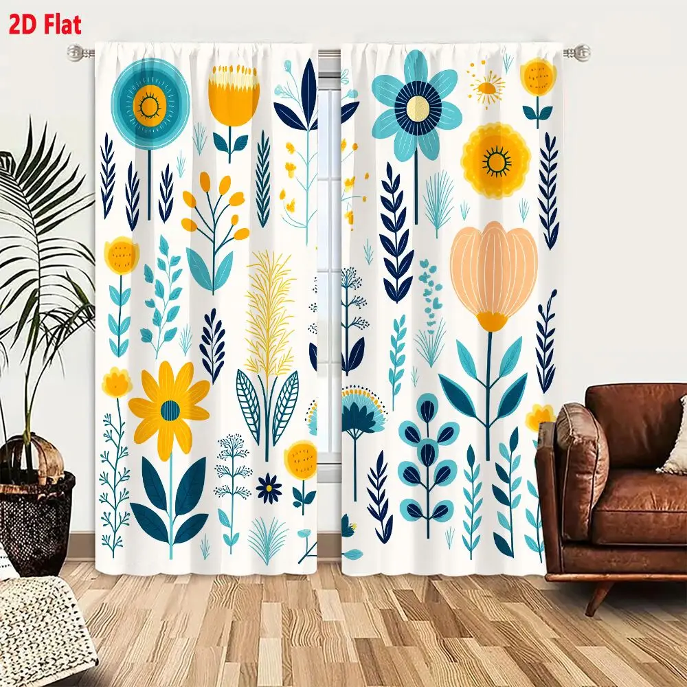 2Pcs Curtains 2D Flat Whimsical Floral Plant Illustrations Decorative Arrangement On Light Off White Background With Bright Yell