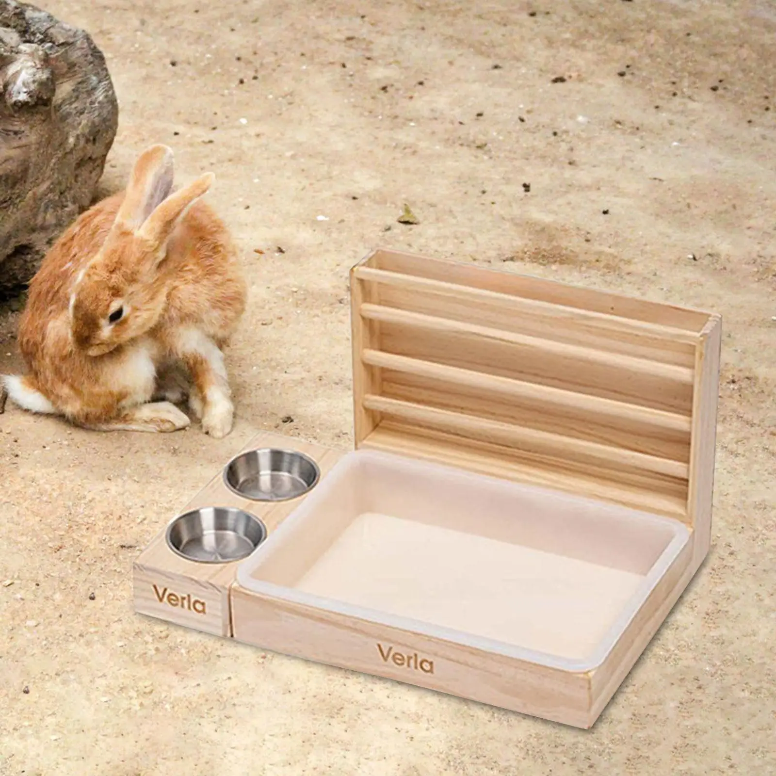 Rabbit Hay Feeder with Litter Box Outside Wooden Bunny Feeder Prevent Waste