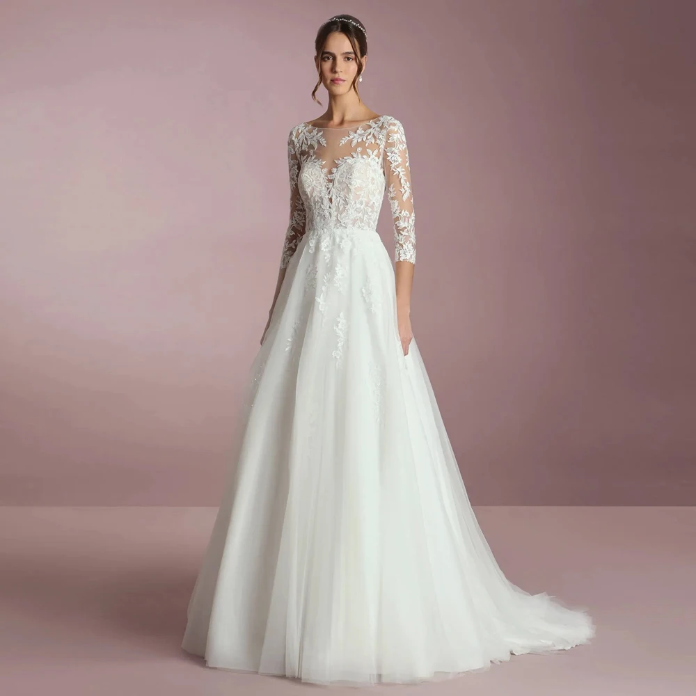 Элегантные свадебные платья с вырезом лодочкой и рукавами 3/4, трапециевидной формы, свадебные платья, индивидуальная аппликация, кружево с V-образным вырезом на спине, со шлейфом, Vestidos De Novia