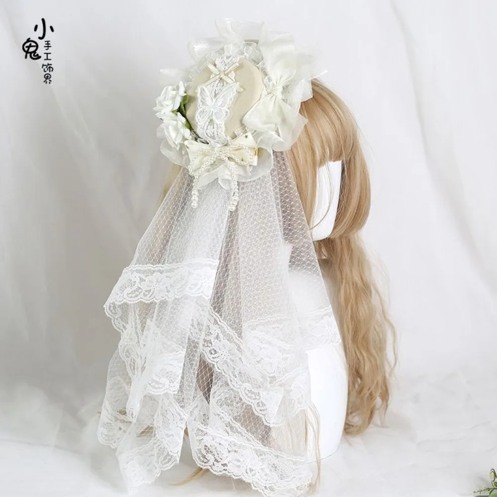 

White Japanese Lolita Flat Hat, Black Bridal Mini Veil Cap, Lace Elegant Wedding Headwear, Sweet Gothic Party Hair Accessories