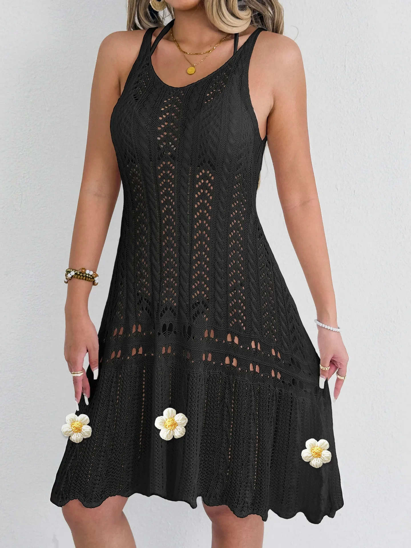 

Women's 2025 Hollowed-out Hand Crochet Dress Woven Suspender Vest Swing Skirt Splicing Beach Blouse