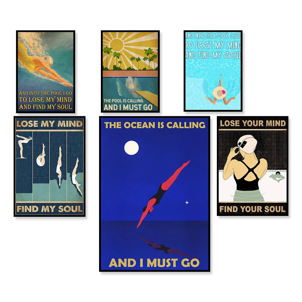 swimming ocean is calling i have to go retro poster, swimming lose your mind find your soul retro poster, summer swimming poster