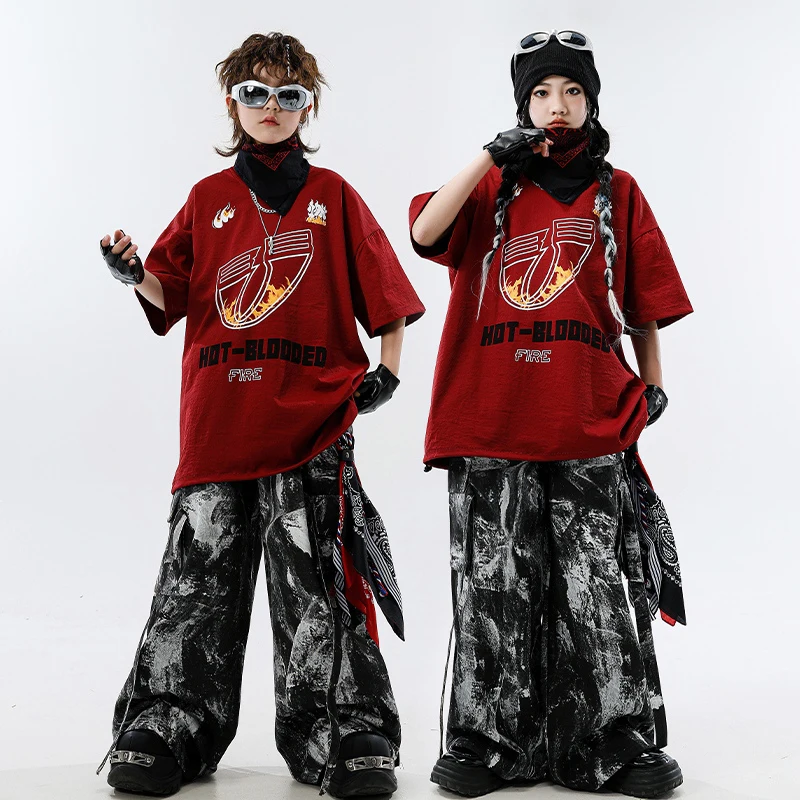 Jongens Straatdansen Set Meisjes Jazzdans Kostuum Hip Hop Outfit Kinderen Prestaties Dans Kleding Rode Tops Cargo Broek XH2616