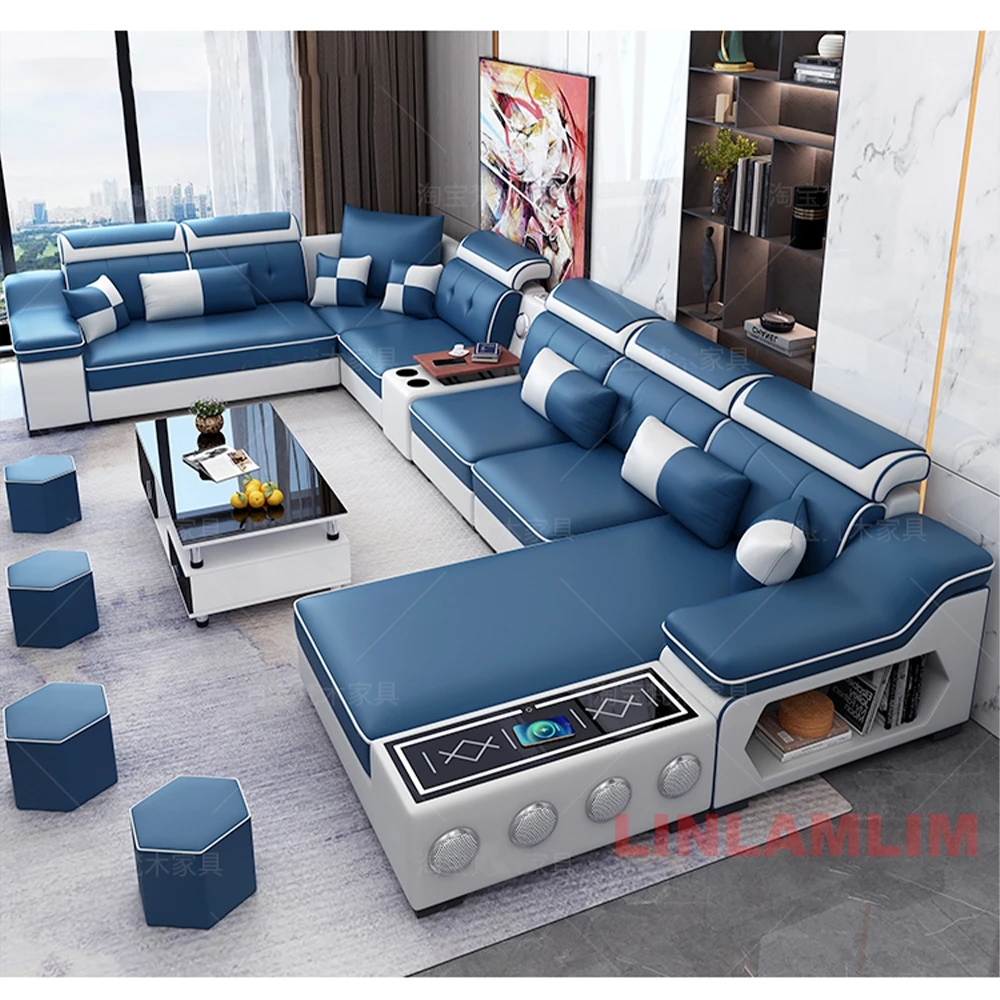 Linlamlim Moderne, wissenschaftliche Sofagarnitur aus Stoff mit Chaiselongue, Bluetooth-Lautsprechern und USB-Ladeanschlüssen für das Wohnzimmer