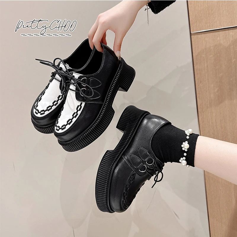 Classic Black White Oxford Shoes Woman Brand Design Stitching Detail Creeper Sneakers Ladies Thick Sole Lace-Up Dress Zapatos