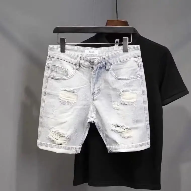 

2024 New Summer Trendy Denim Knee Length Casual Jeans Shorts with Cat Whiskers Classic Distressed Holes Jeans Shorts for Men