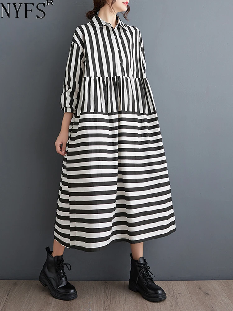 

NYFS 2023 New Autumn Korean Womens Dresses Vestidos Robe Elbise Loose Plus Size POLO Striped Long Sleeve Shirt Dress