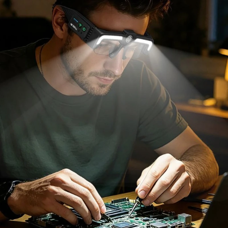 Rechargeable LED Glasses Work Light Flood Dual Beam Hands-Free Mechanic Headlamp Auto Maintenance Workshop Multifunctional Light
