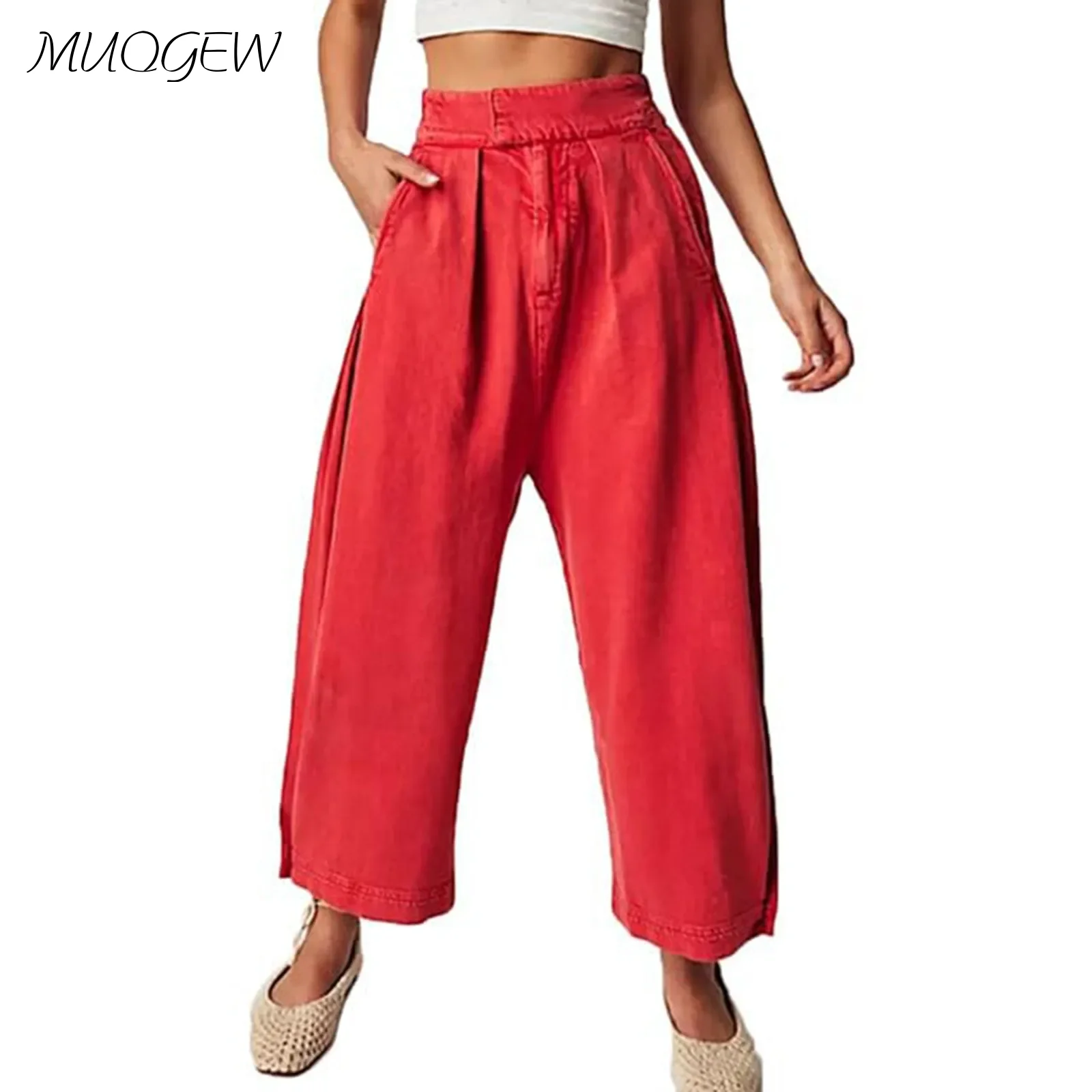 

Pantalones Women'S Trousers Fashionable 2024 Summer New Pants Solid Color Casual High Elastic Waist With Pockets Trousers