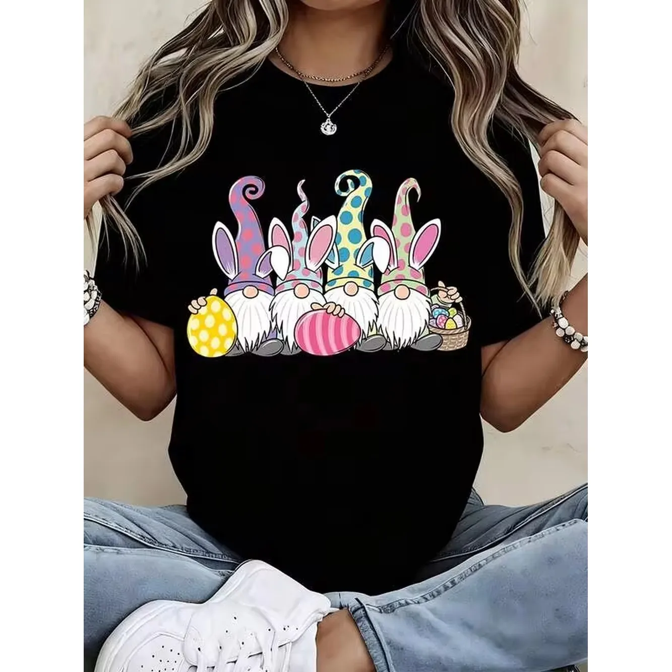 Women Easter Gnome T Shirt Funny Bunny Hat Graphic Tee Spring Holiday Casual Short Sleeve Top Black