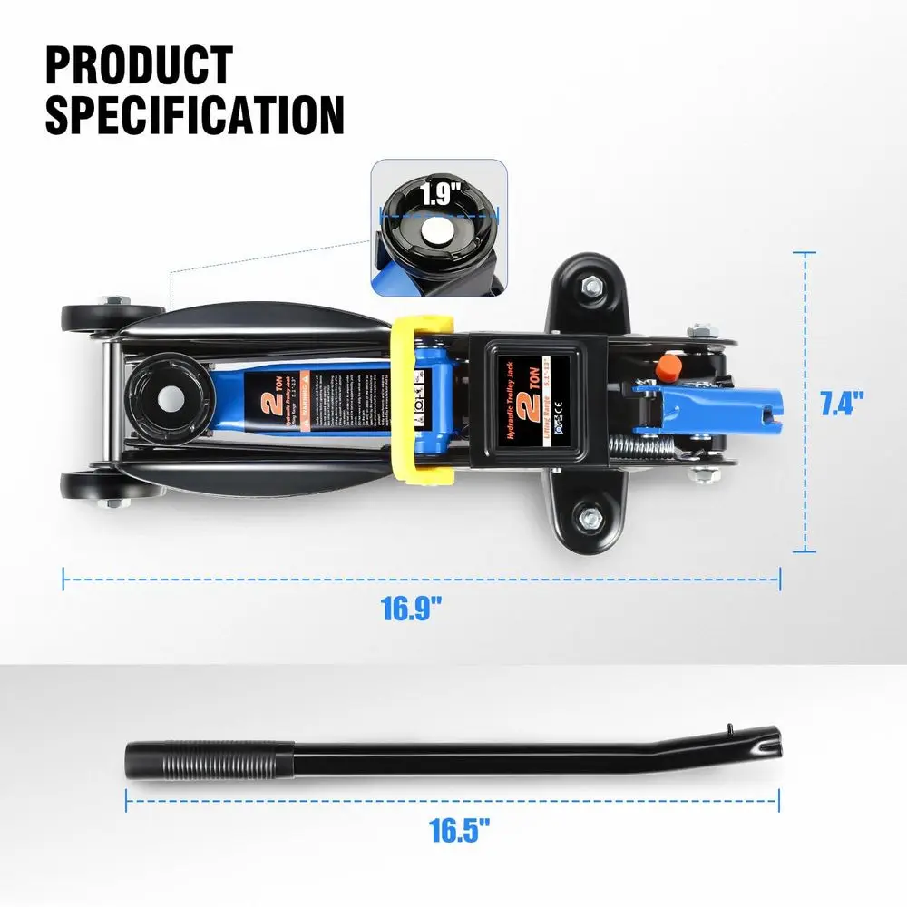 Martinetto idraulico da pavimento a basso profilo con capacità di 2 tonnellate, gamma di sollevamento 5.1-13, blu