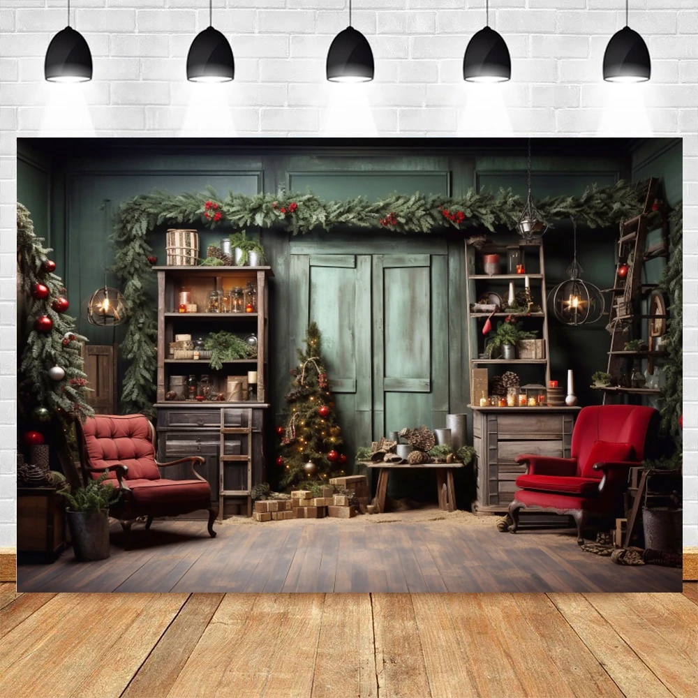 Christmas Tree Photo Background Fireplace Wreath Wood Door Gift Snowflake Photography Backdrop Family Holiday Party Photo Studio