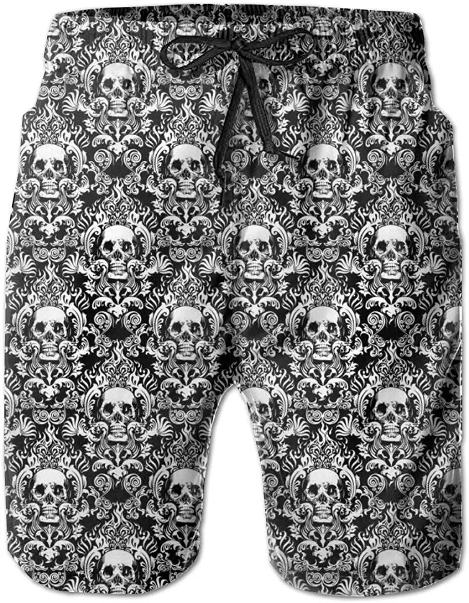 2024 New Men\'s Sporty Shorts Skull Print Shorts Drawstring Elastic Waist 3D Terrifying Skull Pattern Breathable Soft Mens Shorts