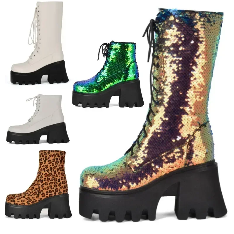 2024 inverno nuova moda paillettes punta tonda piattaforma stivaletti per le donne stile Punk Party Nightclub Stage Mujer scarpe di grandi