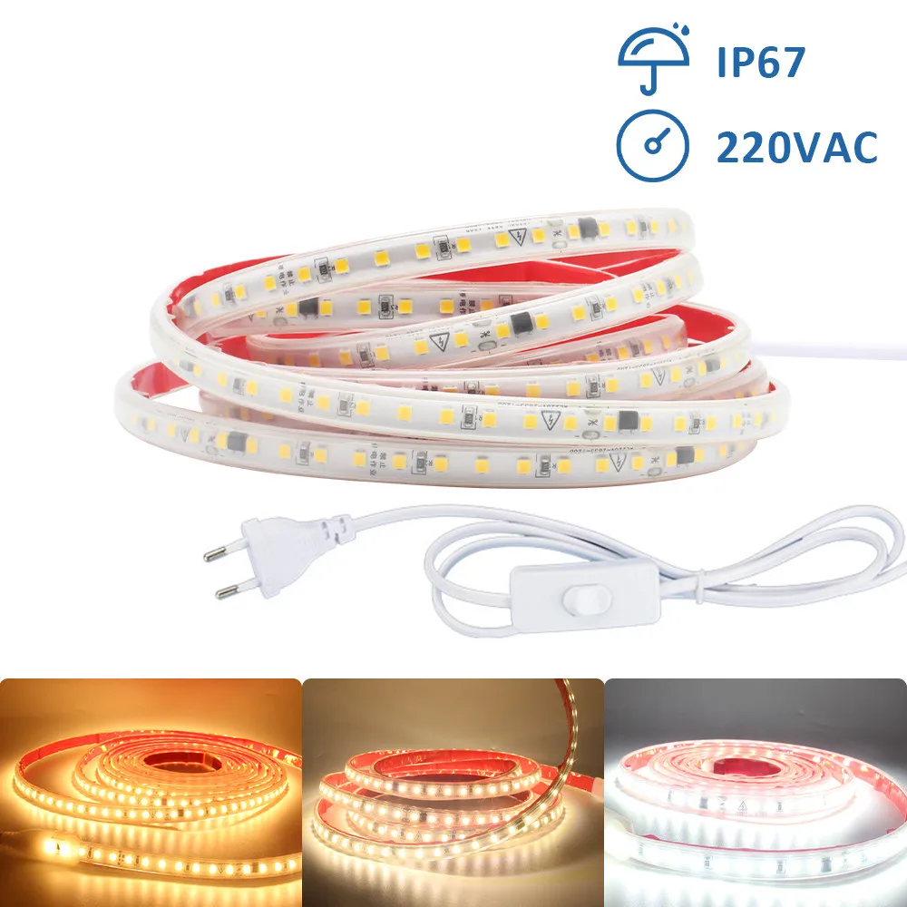 220V 230V AC SMD2835 IP67 LED Strip Light 120LEDs/m Flexible Ribbon Warm Cold White Linear Lighting Outdoor Garden Decoration