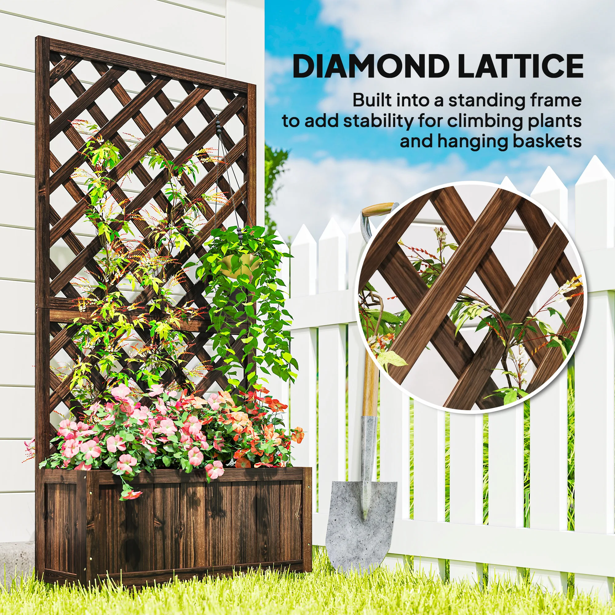 Garden Wooden Pine Trough Planter W/ Topped Trellis Climbing Plants, Carbonized