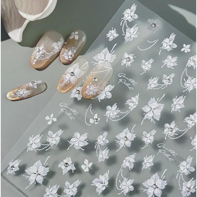 

Elegant white butterfly flower nail art sticker self-adhesive nail art decoration sticker with pearl chain DIY nail decoration