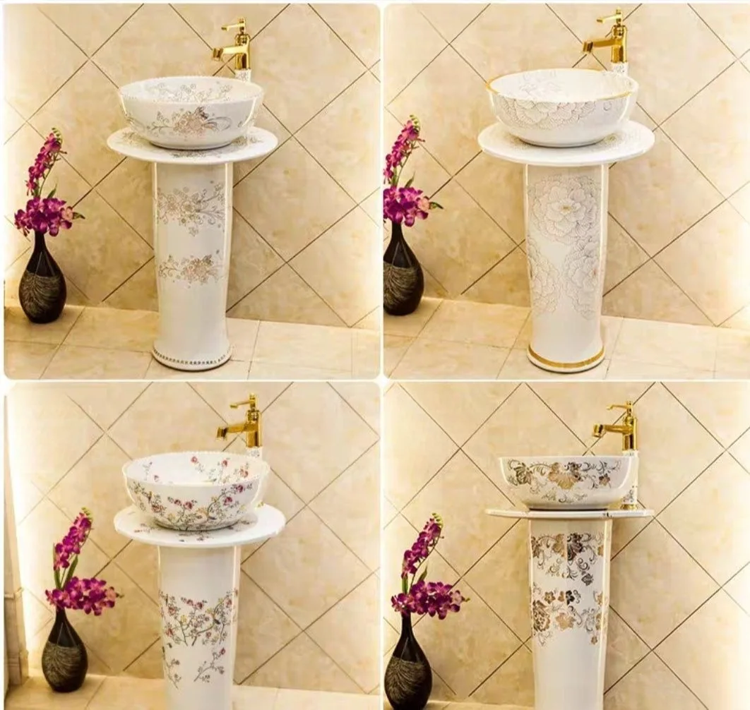 Jingdezhen ceramic European-style washbasin integrated balcony sunscreen column washbasin bathroom column basin floor type