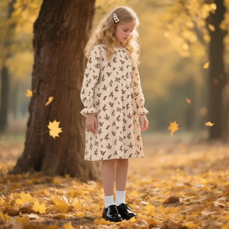 Gaun Lengan Panjang Motif Bunga Musim Semi dan Gugur 2025 untuk Anak Perempuan, Gaun Putri Model A dengan Pinggiran Daun Teratai, Kasual Serbaguna Retro