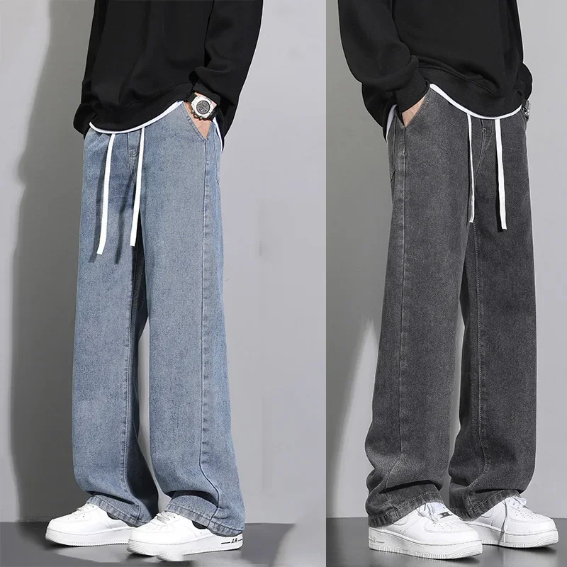 

Pop New Men's Wide-leg Jeans Spring New Black Gray Fashion Baggy Streetwear Pants Casual Simple Straight Denim Trousers