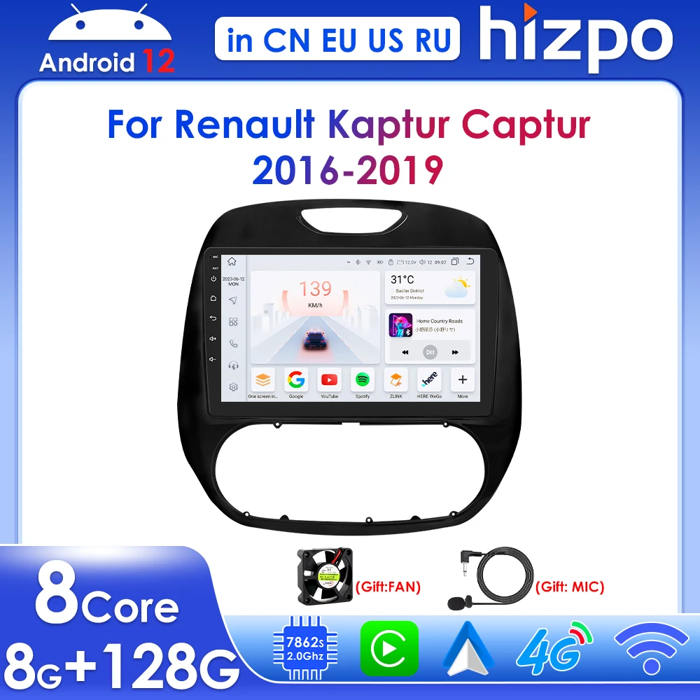 

Hizpo 9'' Wireless Carplay for Renault Kaptur Captur 2016-2019 Car Radio Android 12 Multimedia Player Navi Stereo GPS RDS 4G DSP