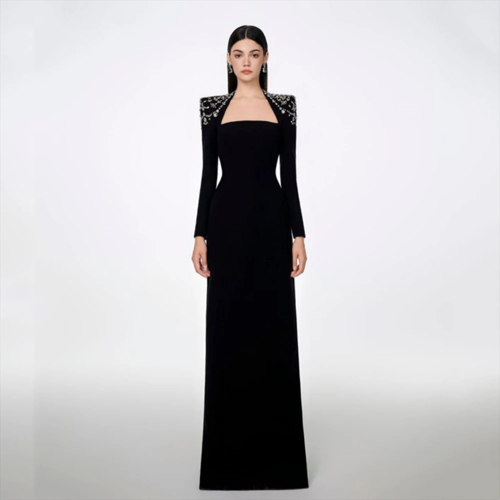 Black Square Collar Long Sleeves Prom Dresses Modern Style Crystals Floor Length Straight Gowns Formal Evening Party Dresses