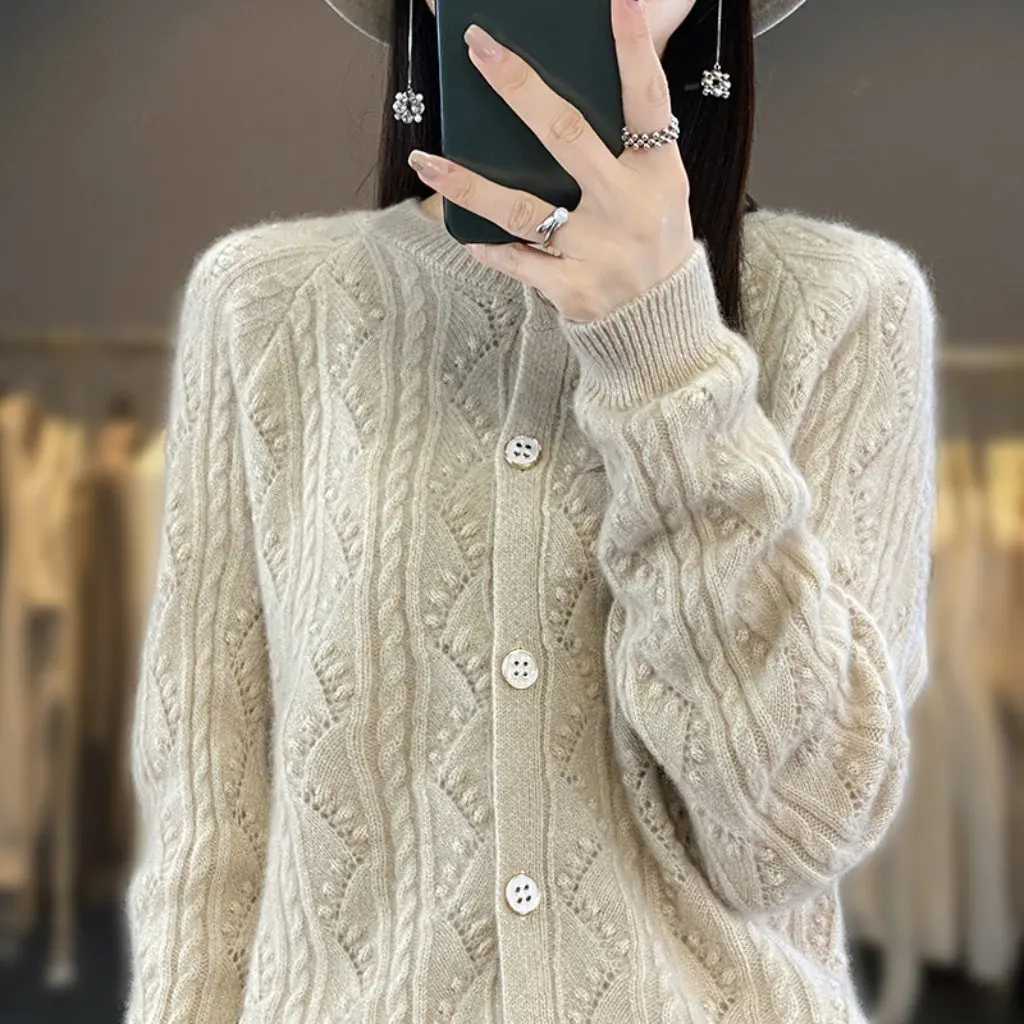 

Autumn Winter round Neck Short Solid Color Jacquard Knitted Sweater Cardigan Wool Top for Women New Arrival