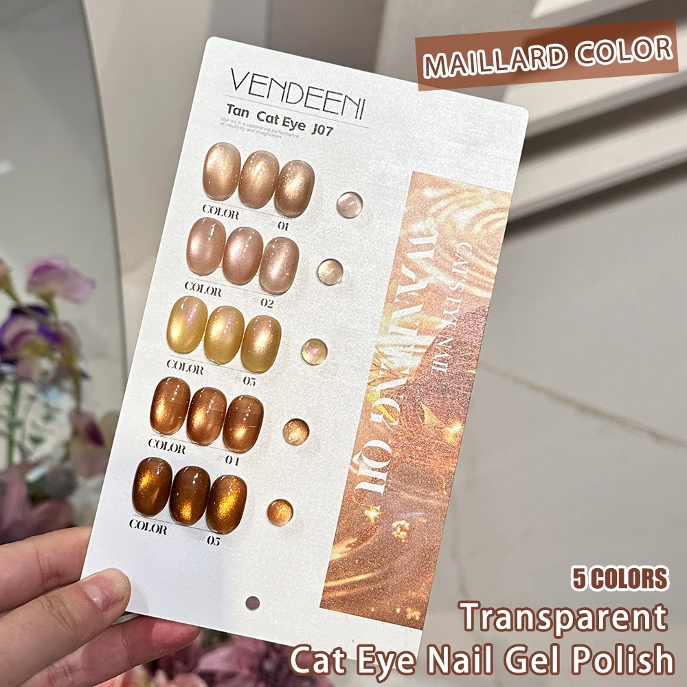 Vendeeni 5 Farben/Set Kristall-Katzenaugen-Gel-Nagellack Magnetischer UV-Soak-Off-Gel-Lack Braun Nude Rosa Gel-Lack mit Display – Detail 4