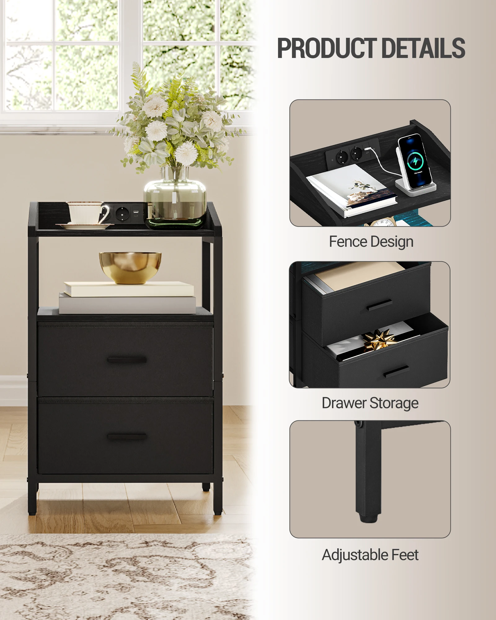 طاولة بجانب السرير من هزوانري مع أضواء LED ومحطة شحن، وطاولة جانبية مع درجين من القماش ورفوف، مع منافذ USB #3