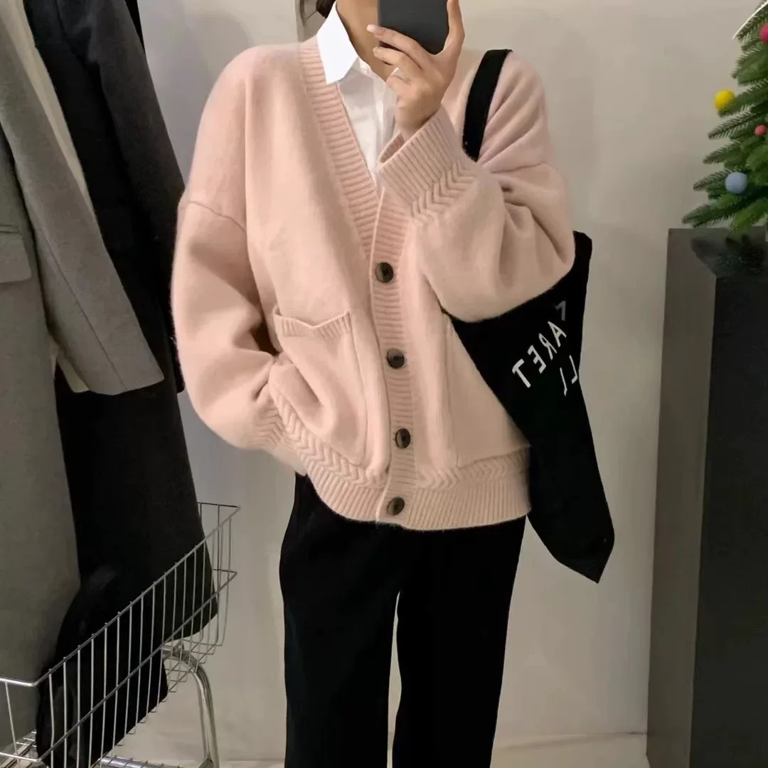 

Solid Color Simple and High-end V-neck Knitted Cardigan 2025 Autumn and Winter Laid-back Style Thickened Sweater Jacket Trend