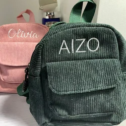 Mochila pequeña de pana personalizada para mujer, mochila Simple de pana para exteriores con nombre personalizado, bolsas de regalo de cumpleaños para mujer