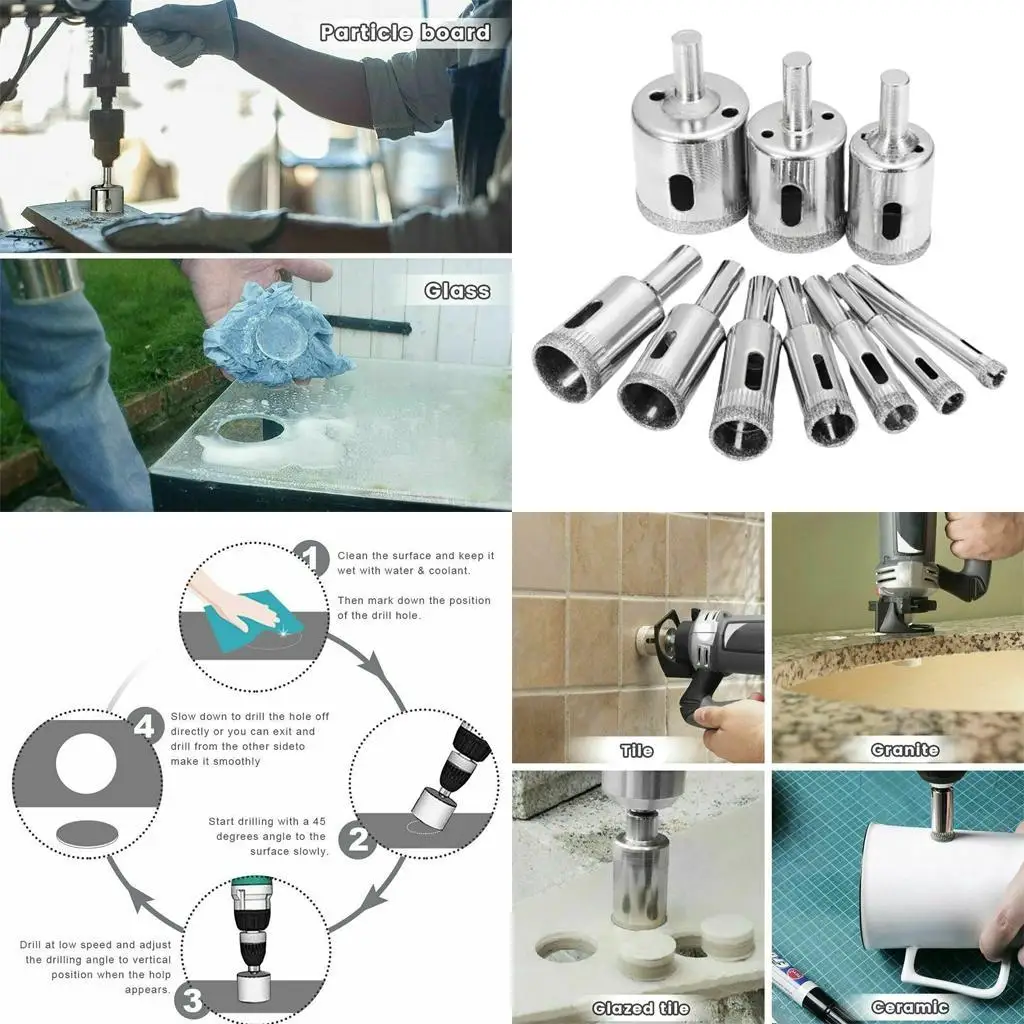 10Pcs Steel Diamond Tools Sets for Ceramics Tiles Grit Hole Silver