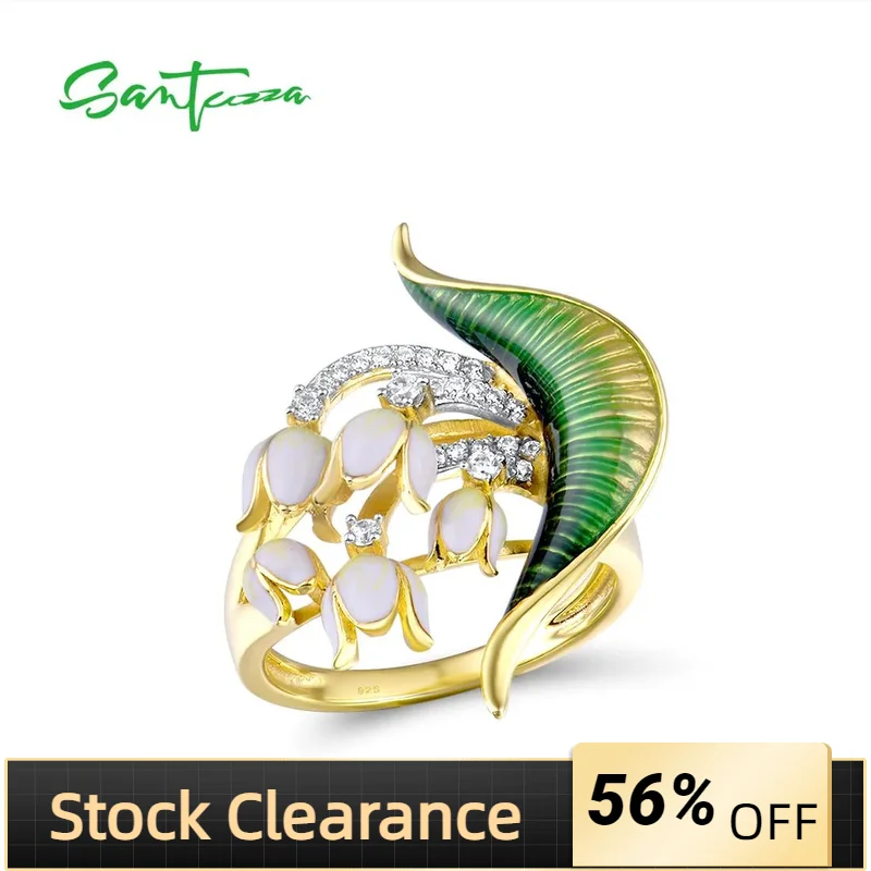 

SANTUZZA Genuine 925 Sterling Silver Rings For Women White Cubic Zirconia Enamel Flower Ring Delicate Fine Jewelry Handmade