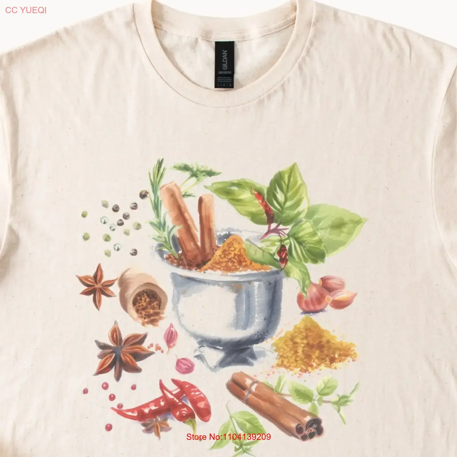 Camiseta con estampado de hierbas y especias, arte culinario de chef, albahaca, canela, anís estrellado, estilo vintage, lavada, unisex, informal, para uso diario