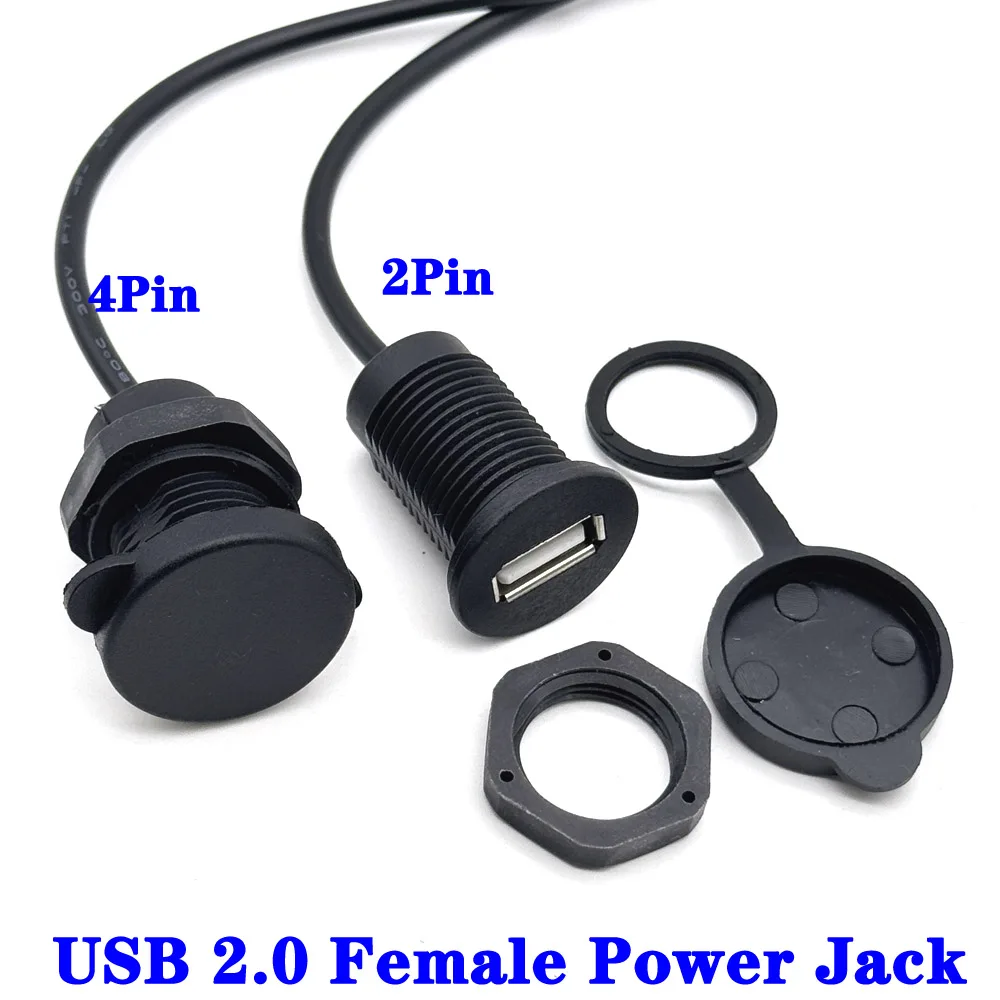 USB Female Port Convenient Mounting Threaded USB 2.0 Power Jack 2Pin 4Pin Charging Connector With Cable USB Charger Socket