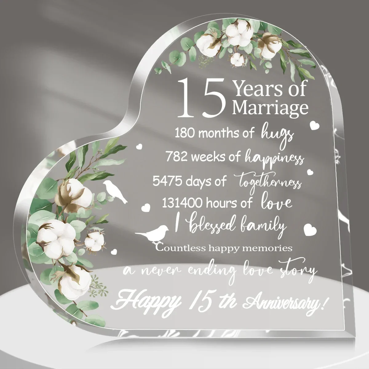 Placa acrílica con forma de corazón para aniversario de boda de 10, 15, 20, 25 y 30 años, decoración de algodón y eucalipto, regalo para pareja