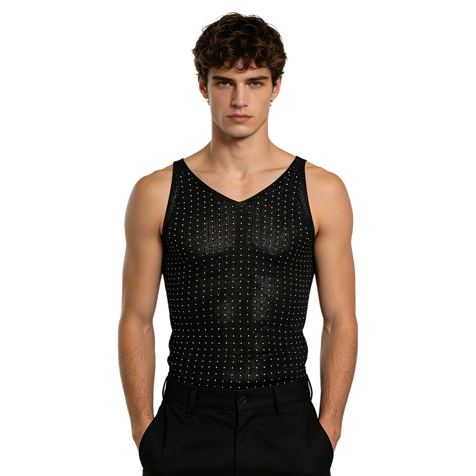 Men Daily Warm-up Running Sparkly Rhinestone Shimmery Knitted Vest Sleeveless Tank Top Sports Workout Fitness Gym Exercise Vest