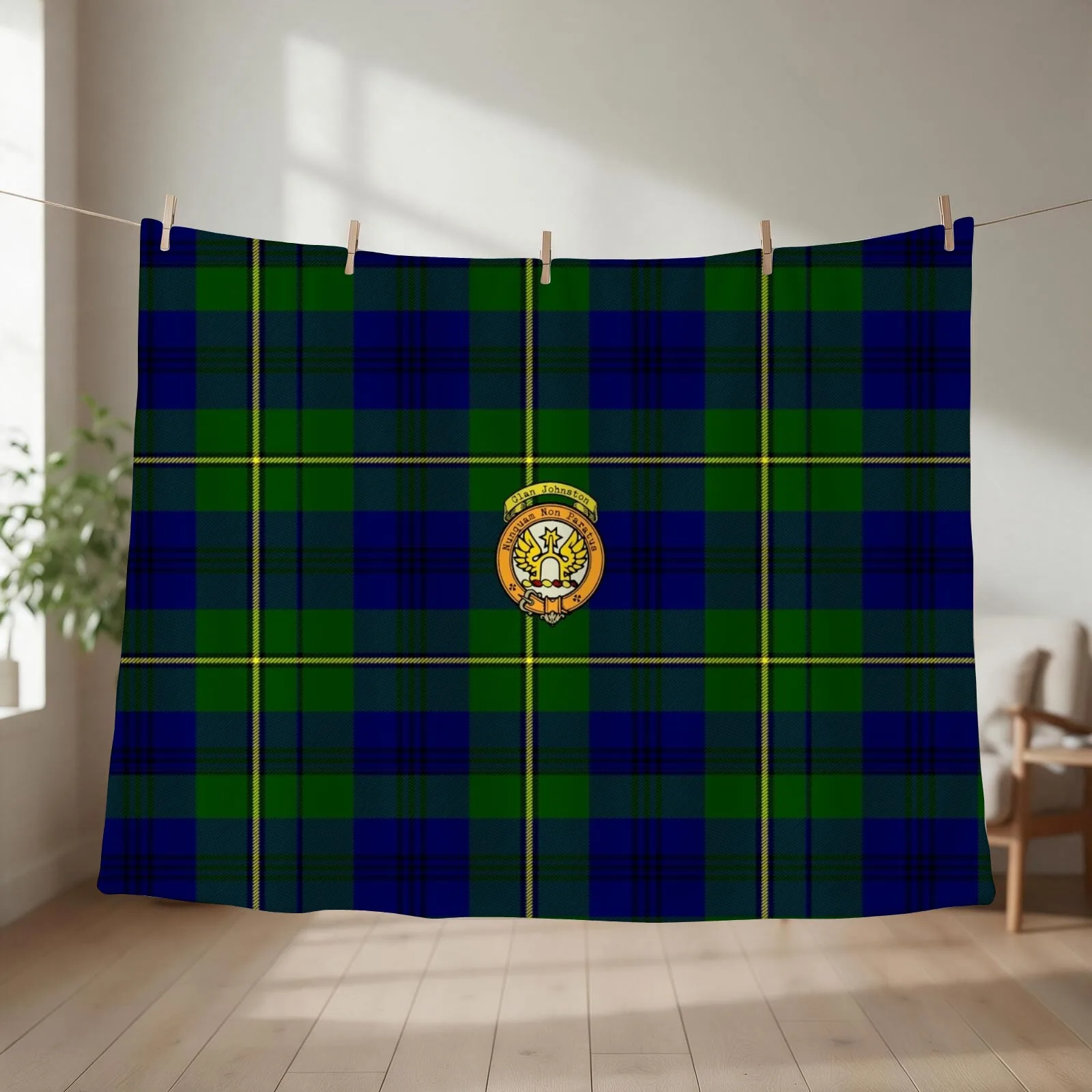 Johnston Scottish Tartan and Crest Throw Blanket couch cozy soft plush fuzzy picnic outdoor blanket