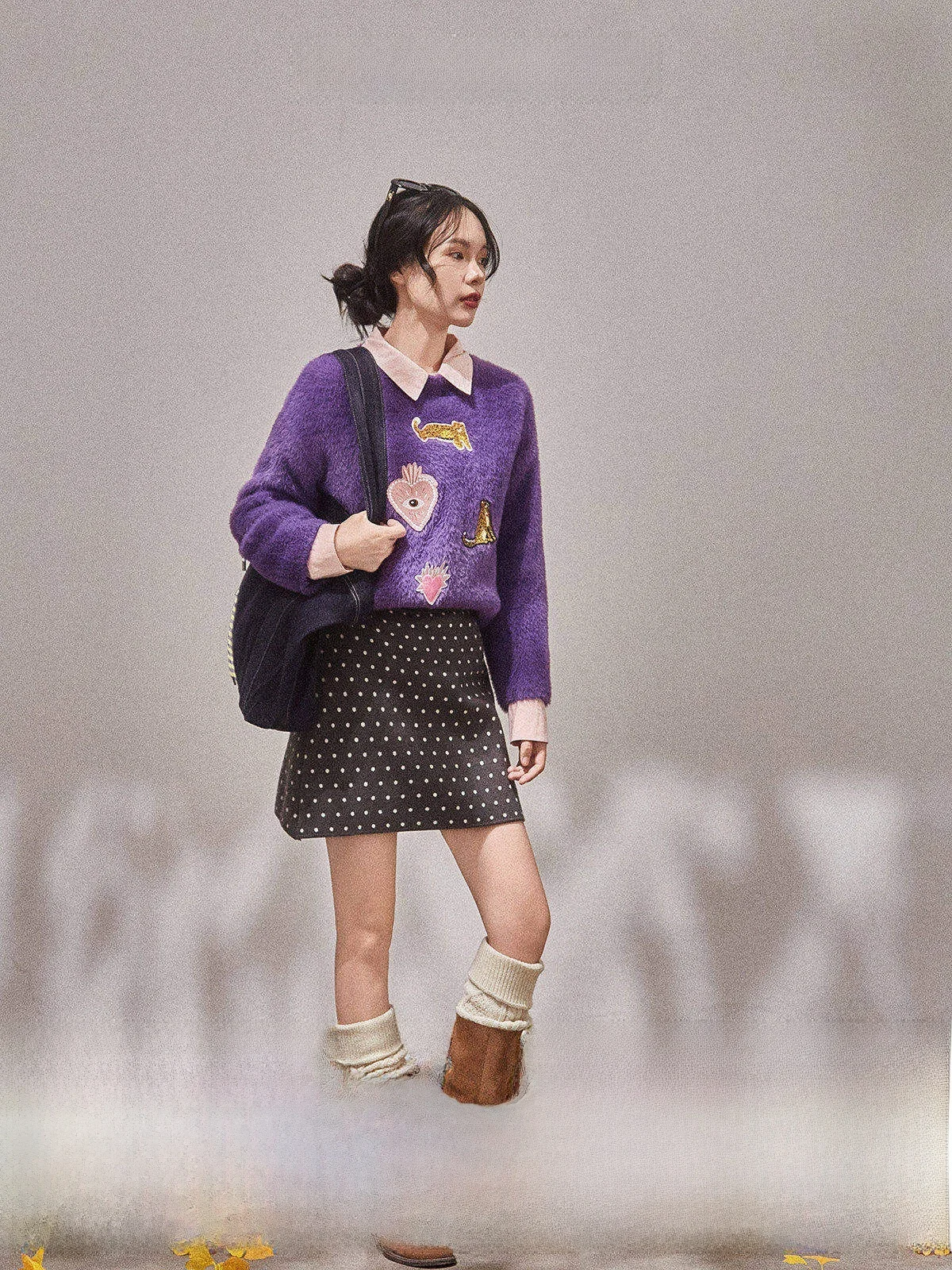 

Loose Women's Purple Sweater Autumn New Sle Retro Match All Jo And Flower Vase ×LAB Enjoy Commute Sle round Ne Long Sve